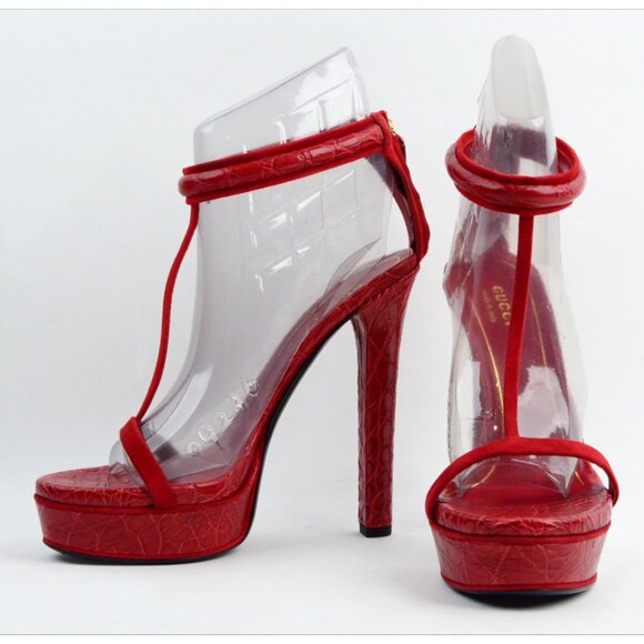 GUCCI SHOES LEIGHT CROCODILE LEATHER T-STRAP PLATFORM SANDALS sz 37.5 7.5 - Picture 4 of 8